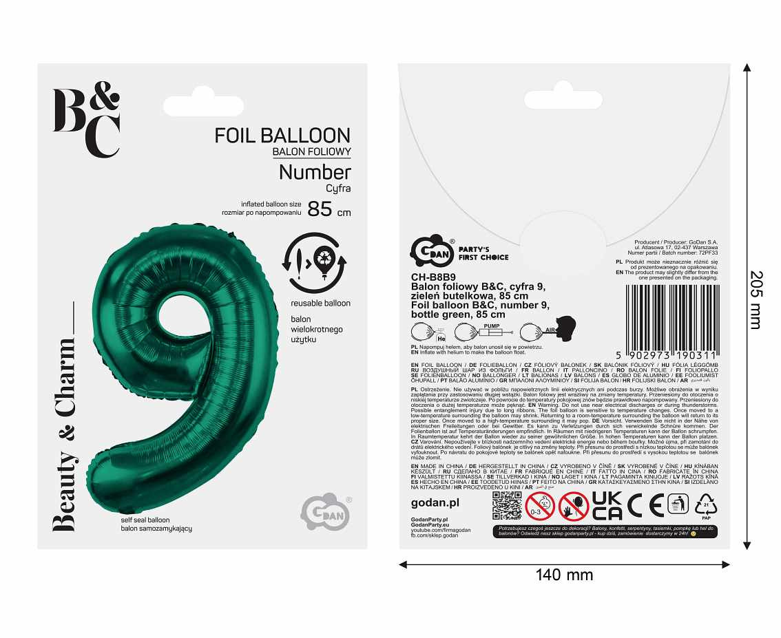 Foil balloon B&C, number 9, bottle green, 85 cm